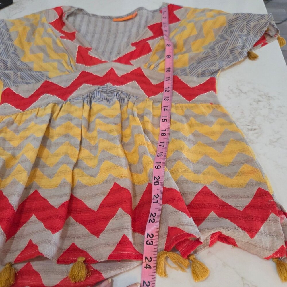 Oliphant Top XS Multicolor Tan Chevron Cotton Boho Blouse Tassels SS Folk Artsy - Picture 6 of 10